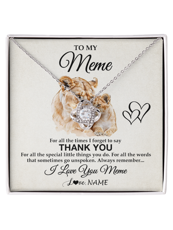 Personalized To My Meme Necklace From Granddaughter Thank You Lion Meme Gift For Mothers Day Birthday Gift Christmas For Meme Customized Gift Box Message Card, Gold Love Knot Necklace