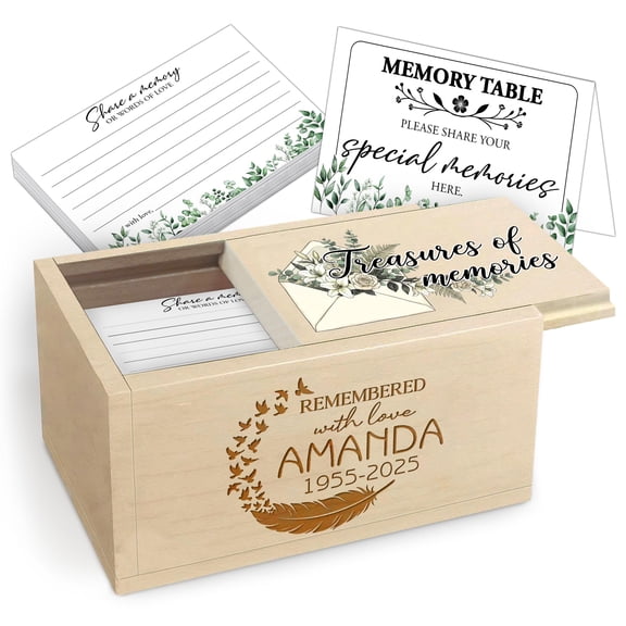 Personalized Memorial Memory Box with Custom Name and Years – Floral Wooden Keepsake Box with 120 Cards for Celebration of Life