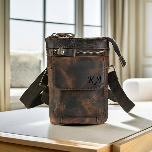 Personalized Men Leather Mini Crossbody Bag, Men's Waist Bag, Shoulder Bag, Outdoor Travel Bag, Fanny Pack, Custom Engraved Initials/Name