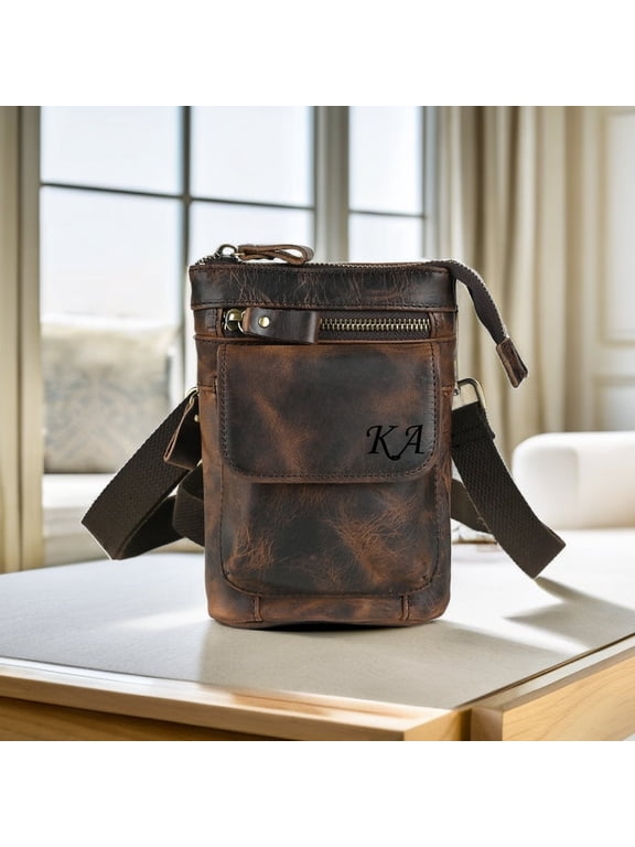 Personalized Men Leather Mini Crossbody Bag, Men's Waist Bag, Shoulder Bag, Outdoor Travel Bag, Fanny Pack, Custom Engraved Initials/Name