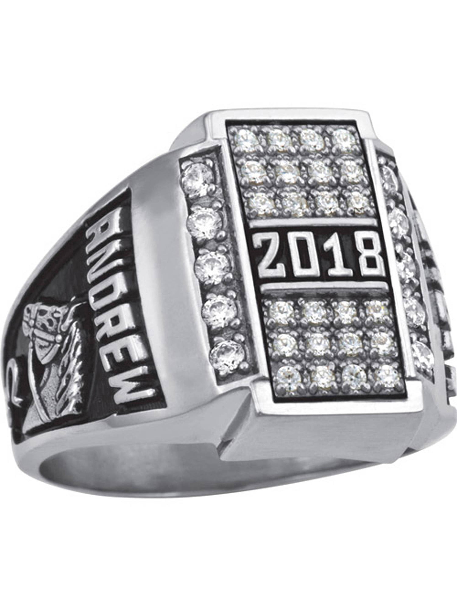Personalized Men's Crest CZ Pave Top Class Ring available in Valadium, Silver Plus, 10kt and 14kt Yellow and White Gold
