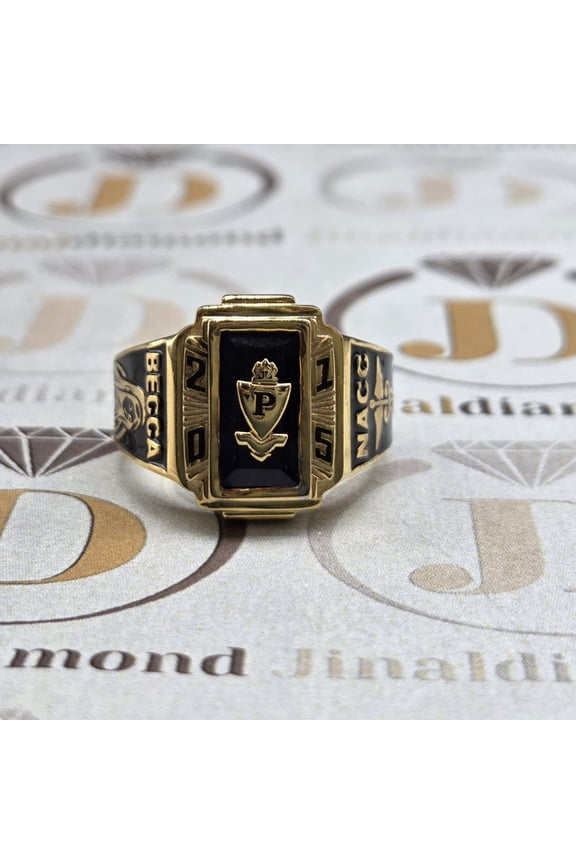 Personalized Men's Graduation Class Ring 2015 with Name Engraved Black Rectangular, High School Classic Design 925 Sterling Silver