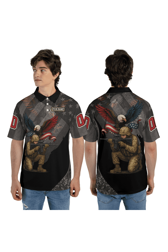 Personalized Men's Patriotic Military Polo Shirt – Tactical Soldier Graphic, Eagle & American Flag – Custom Short Sleeve Casual Shirt for Veterans & Patriotic Americans
