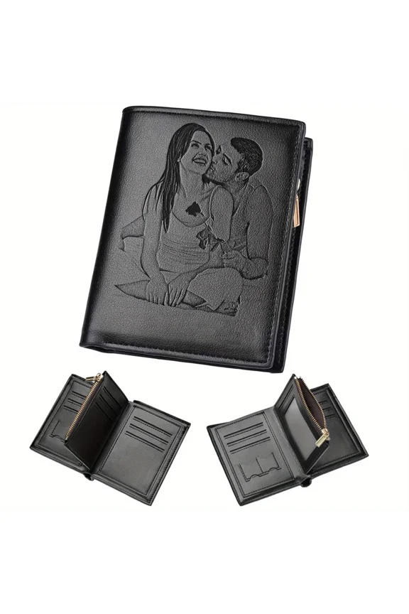 Personalized Men's Wallet - Custom Engraved Name & Photo - Leather Gift for Husband/Father/Son on Birthdays & Anniversaries