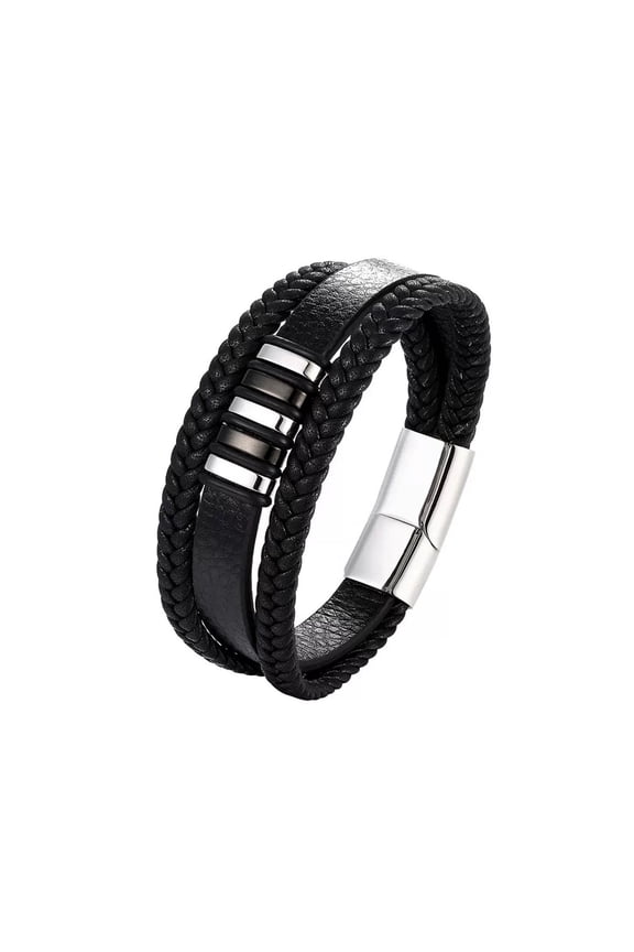 Personalized Mens Braided Leather Bracelet, To My Son Never Walk Alone Jewelry Set for Graduation(Silver)