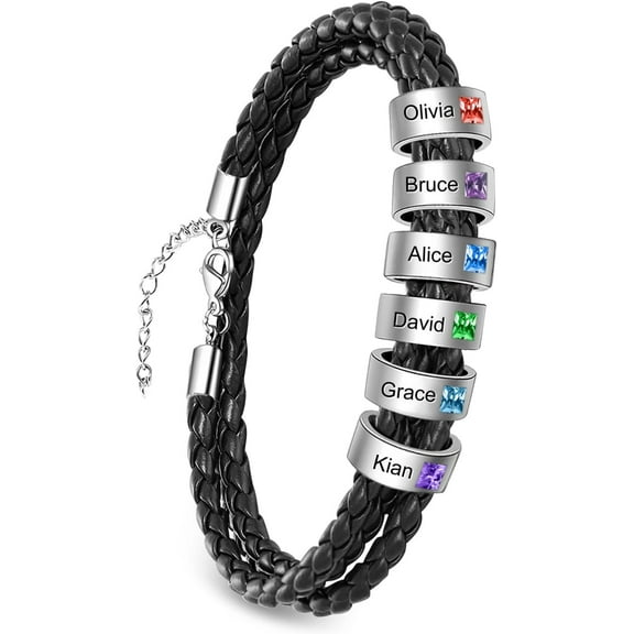 Personalized Mens Leather Bracelet with Custom Beads Customized Braid Leather Bracelet with Birthstone Engraved with Names for Men Father Husband