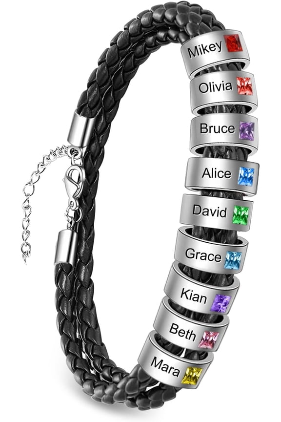 Personalized Mens Leather Bracelet with Custom Beads Customized Braid Leather Bracelet with Birthstone Engraved with Names for Men Father Husband