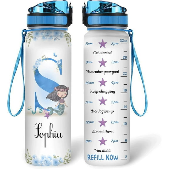 Personalized Mermaid Lovers 32 Oz 1Liter Motivational Water Bottle, Mermaid Ocean Customized Name Water Bottle With Time Marker, Gifts For Women Girl On Birthday, Mother Day's