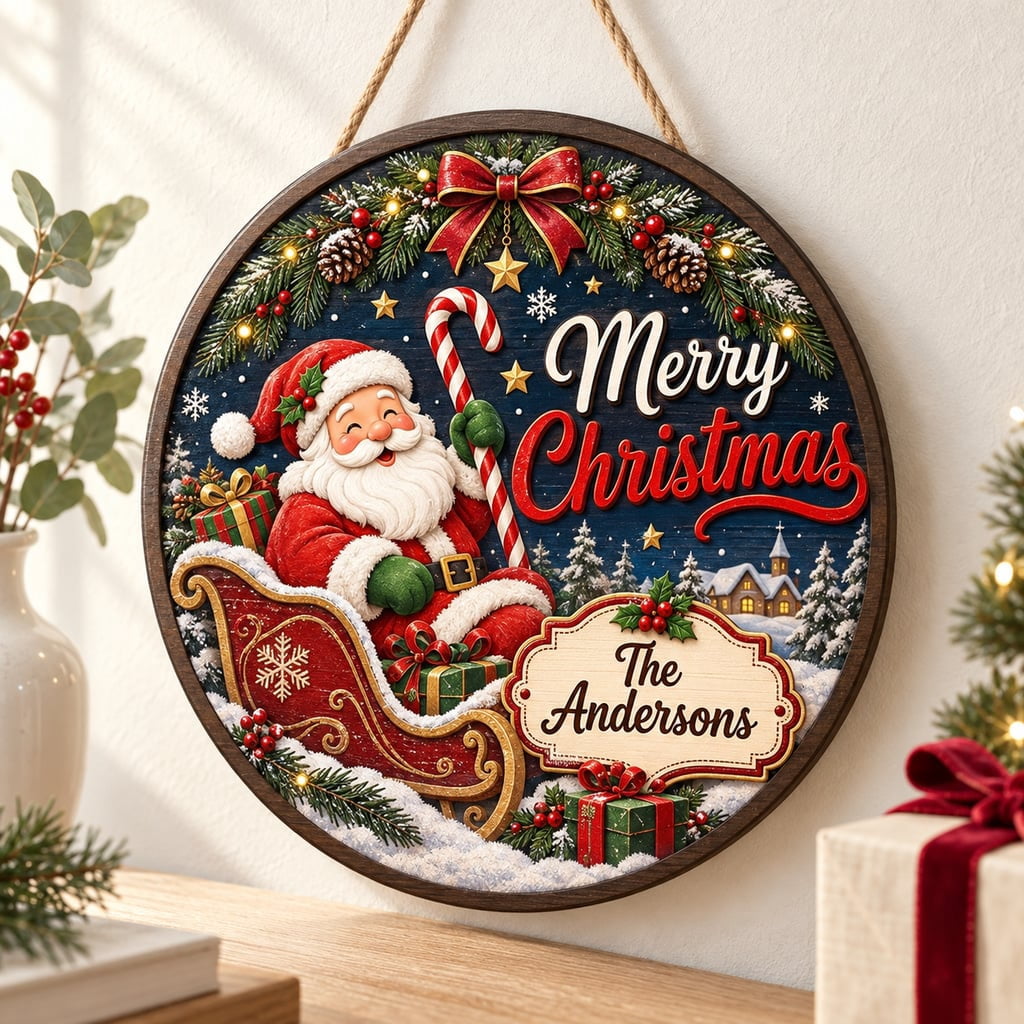 Personalized Merry Christmas Sign, Cute Santa Family Name Wood Front ...