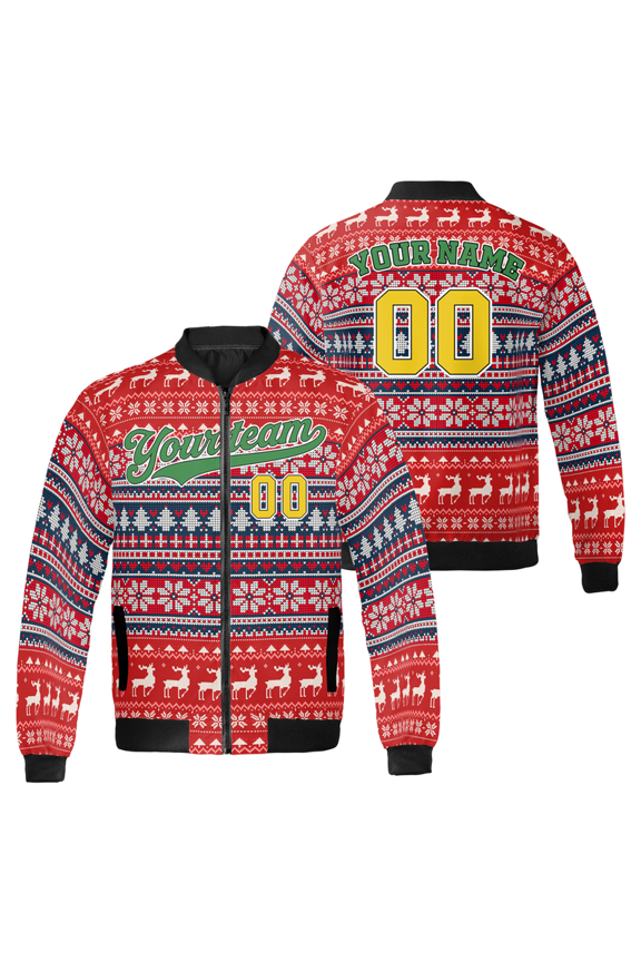 Personalized Merry Christmas Ugly Sweater Style Bomber Jacket - Custom Team Name & Number, Winter Holiday For Men & Women Jacket