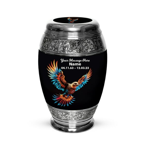 Personalized Metal Urn for Human Ashes, Adult Male & Female - Eagle with Rainbow Wings Funeral Urn, Memorial Ashes Container, Keepsake Urn