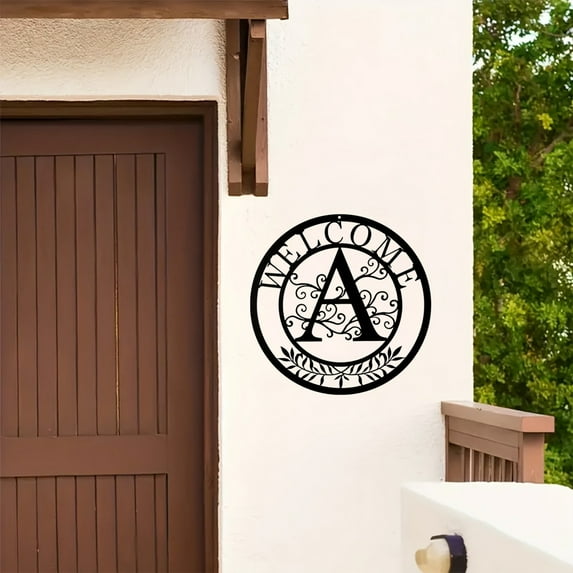 Personalized Metal Wall Art Monogram A Welcome Sign Elegant Circular Design For Indoor Outdoor Decoration Versatile For Door Living Room Kitchen Dining Room