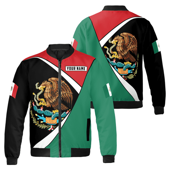 Personalized Mexican Pride Bomber Jacket – Custom Name Mexican Eagle Zip-Up Coat – Patriotic Outerwear for Men & Women