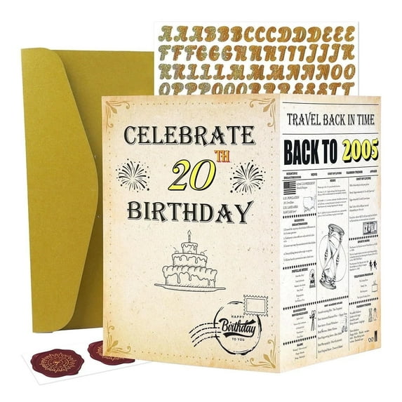20th Birthday Card & Decorations – Celebrate in Retro Style with Gold Stickers and Back to 2005 Theme
