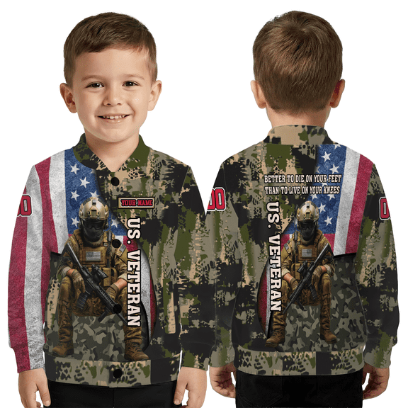 Personalized Military Camo Jacket – Patriotic American Flag Baseball Jacket, Custom Name Veteran Style Coat