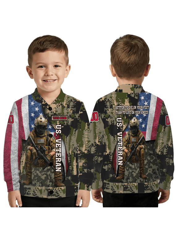 Personalized Military Camo Jacket – Patriotic American Flag Baseball Jacket, Custom Name Veteran Style Coat