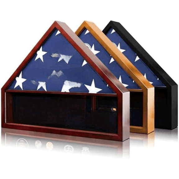 Personalized Military Memorial Display Case for 5x9.5ft Burial Flag, Custom Metal Lettering on Real Glass, Premium Pine Wood Burial Flag Holder with Display Section for Badges and Medals$$Storage