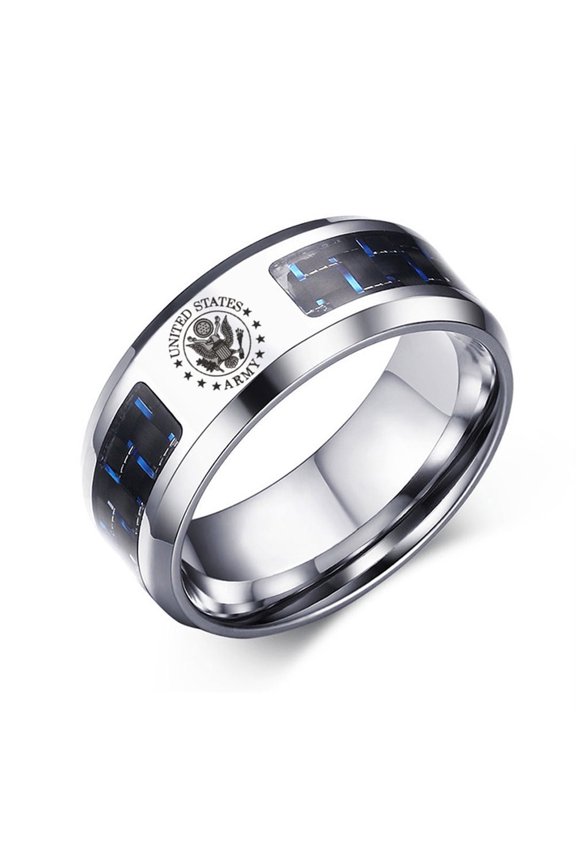 Men’s Personalized Engraved Military Ring, Stainless Steel Carbon Fiber Inlay Army Navy Air Force Band Sizes 7-12