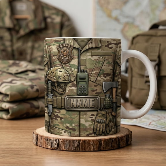Personalized Military Veteran Mug Custom Name Army Camo Gift for Him 3D Inflated Effect Tactical Gear Coffee Cup Patriotic Soldier Dad Gift