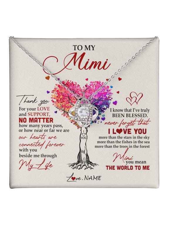 Personalized To My Mimi Necklace From Grandkids Never Forget That I Love You You Mean The World Mimi Birthday Mothers Day Christmas Customized Gift Box Message Card, White Love Knot Necklace