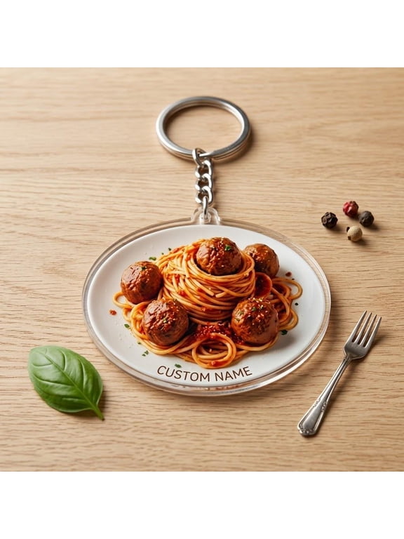 Personalized Miniature Food Acrylic Keychain with Custom Name Plate, Pasta and Sauce Design, Novelty Keyring and Decorative Bag Charm