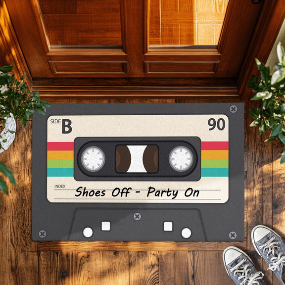 Personalized Mixtape Doormat, Custom Text Shoes Off Party On Welcome Mat for Front Door Indoor Entrance, Non-Slip Absorbent Floor Rug