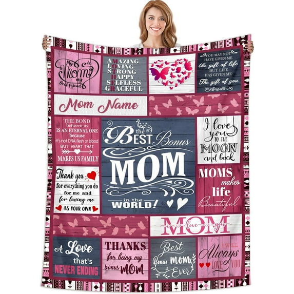 Personalized Mom Blankets, Custom Throws Best Bonus Mom Ever Gifts, Blankets for Moms Mama Mommy Mother''s Day Christmas Birthday Presents Idea from Son Daughter