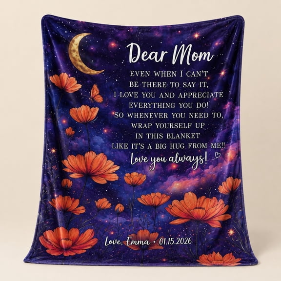 Personalized Mom Fleece Blanket, Dear Mom Floral Moon 3D Print Throw, Custom Name Date Text Gift Blanket, 280 GSM Polyester Fleece