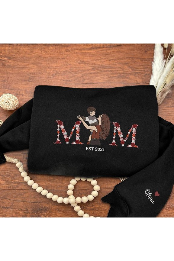 Personalized Mom Floral Letter Embroidered Photo Sweatshirt Mother's Day, Mother's Day, Custom Embroidered Sweatshirt