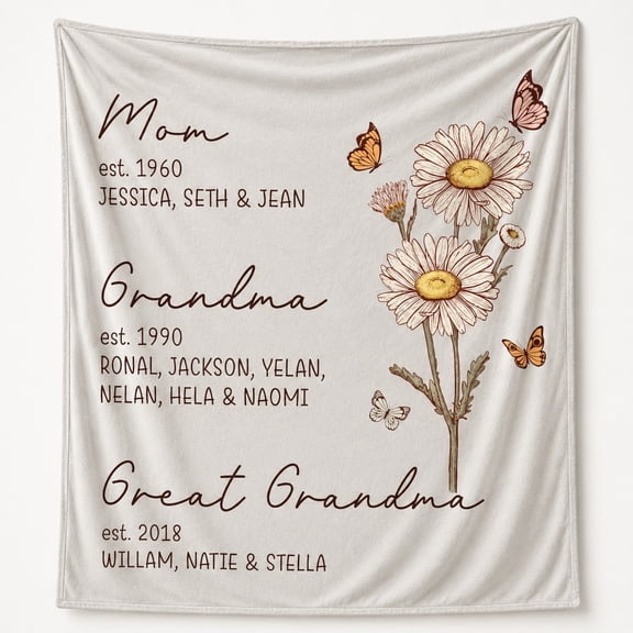 Personalized Mom Grandma Daisy Butterfly Fleece Throw Blanket, Custom Name, Soft 280 Gsm Polyester, Gift for Mom