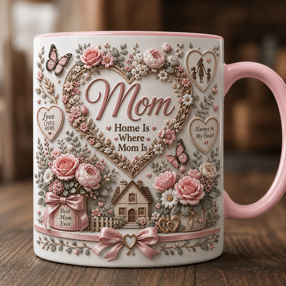 Personalized Mom Mug Floral Family Heart Coffee Cup Gift for Mother's Day or Birthday