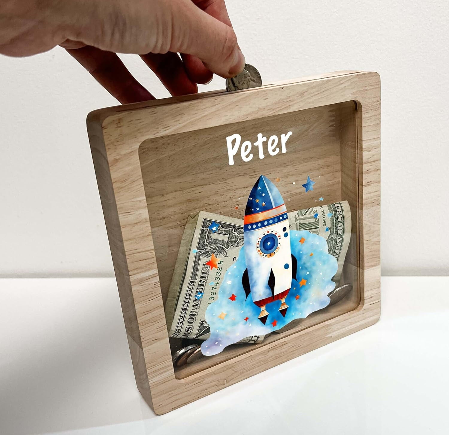 Personalized Money Box Name Savings Piggy Bank Rocket Ship Space Design — free download
