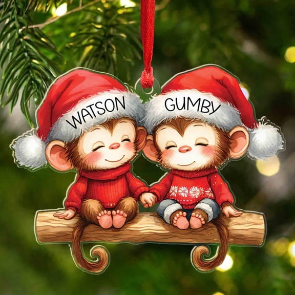 Personalized Monkey Just Married Ornament 2025, Custom Monkey Couple 2D Flat Shape Ornament, Animal Couple Decoration with Santa Hat, Christmas Tree Ornaments Gifts for Newlyweds Wife or Husband