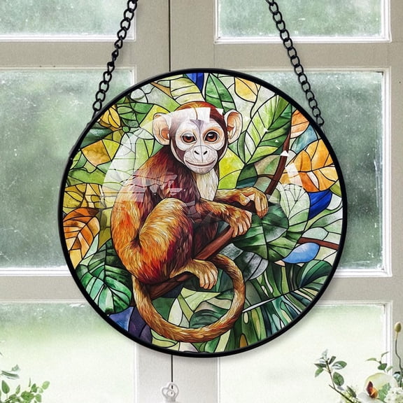 Personalized Monkey Stained Glass Suncatcher Artistic Window Hanging, Monkey 78 Hand-Painted Glass Panel Wall Home Decor, Monkey Garden Decor CYCCxA (Monkey 2)