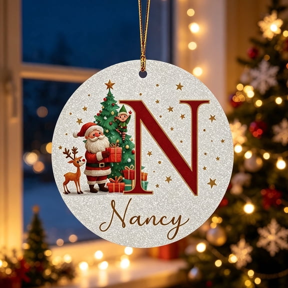 Personalized Monogram Christmas Ornament, Custom Name Round Acrylic Hanging Ornament, A‑Z Initial Keepsake Decoration for Christmas Tree Holiday Gift
