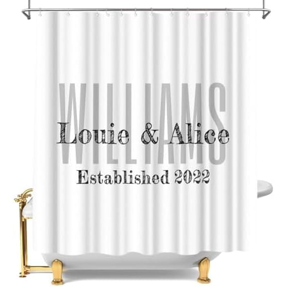 Personalized Monogram Shower Curtain Custom White Family Last Name Bathroom Curtain Set Modern Durable Fabric Polyester Bathtub Decor for Couple Housewarming Gifts 72x72inch with Hooks
