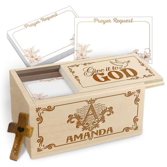 Personalized Monogram Wooden Prayer Box, Custom Letter & Name Maple Wood Keepsake with 100 Prayer Request Cards & Wooden Cross, Christian Faith Gift