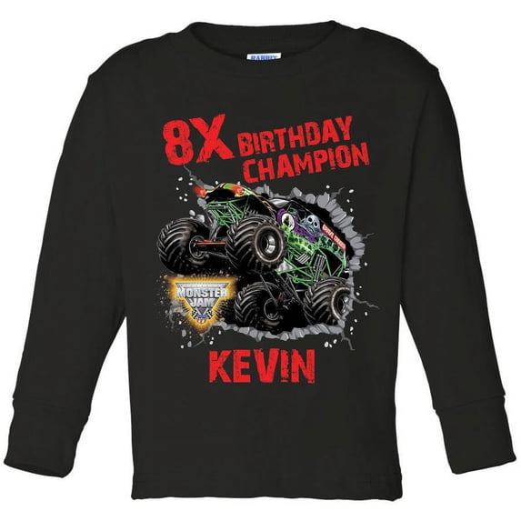 Personalized Monster Jam Birthday Champion Boys' Black Long Sleeve Tee