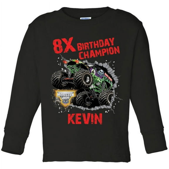 Personalized Monster Jam Birthday Champion Toddler Boy Black Long Sleeve Tee