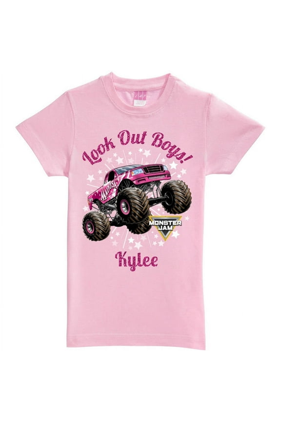 Personalized Monster Jam Look Out Boys Madusa Pink Fitted Tee, Girls Youth, Pink