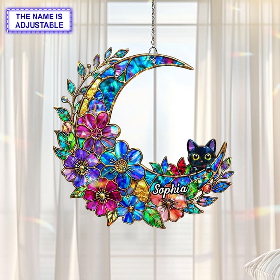 Personalized Moon Cat Acrylic Suncatcher, Custom Name Holographic Window Hanging Decor, Cat Lover Gift