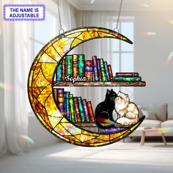 Personalized Moon Cat Bookshelf Acrylic Suncatcher, Custom Name Holographic Window Hanging Decor, Book Lover Gift