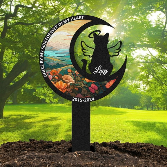 Personalized Moon Cat Memorial Grave Marker - Custom Name Metal Sign Grave Stake, Cat Memorial Ornament Loss of Pet Sympathy Gift, Graveyard Remembrance Graveside Sign for Garden Outdoor Yard(8inch)
