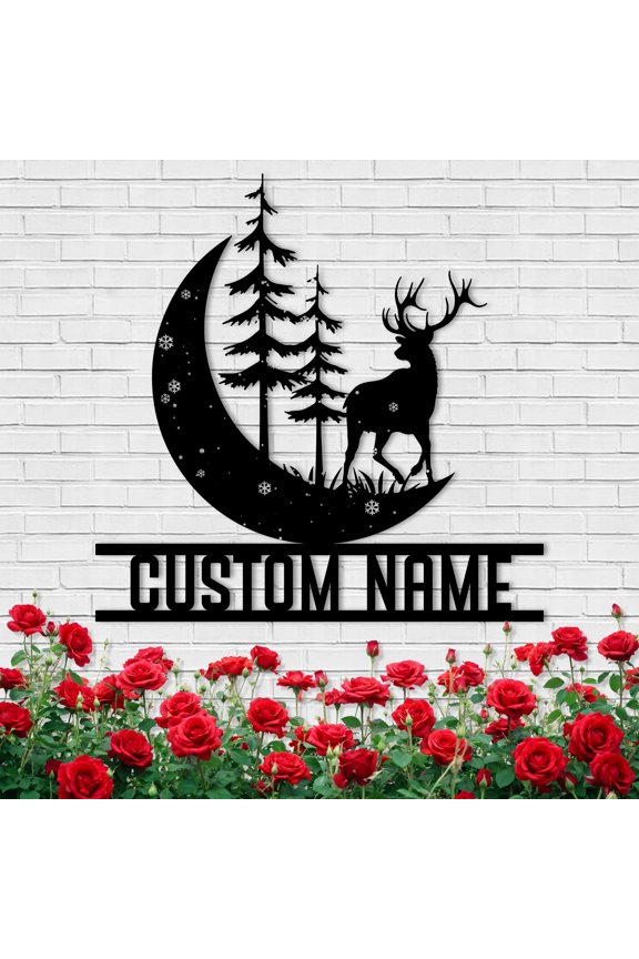 Personalized Moon Deer Metal Cabin Sign, Personalized Family Name Sign for Christmas Decorations, Reindeer Hanging Sign Welcome Outdoor Porch, Party Supplies for Housewarming Decor Gifts(10inches)