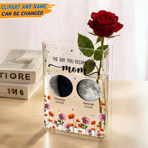 Personalized Moon Phase Acrylic Book Vase for Mom, Custom Name Date Keepsake Gift, 5.9x7.9x1.6 in