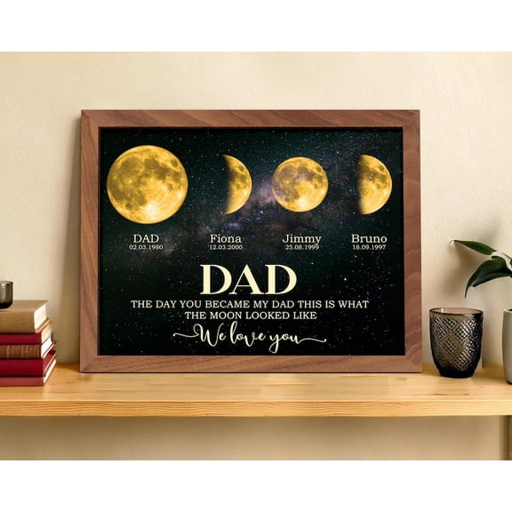 Personalized Moon Phase Frame for Dad, Custom Birth Date Moon Art, Father’s Day Gift, Custom Wooden Photo Frame Keepsake