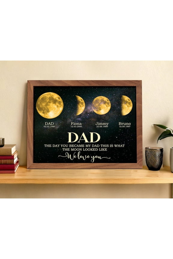 Personalized Moon Phase Frame for Dad, Custom Birth Date Moon Art, Father’s Day Gift, Custom Wooden Photo Frame Keepsake
