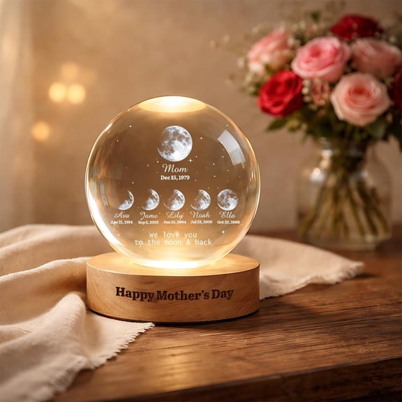 Personalized Moon Phase LED Crystal Ball Night Light, Family Moon Lamp with Name, Mothers Day Gift for Mom, Moon Decor For Mothers Day