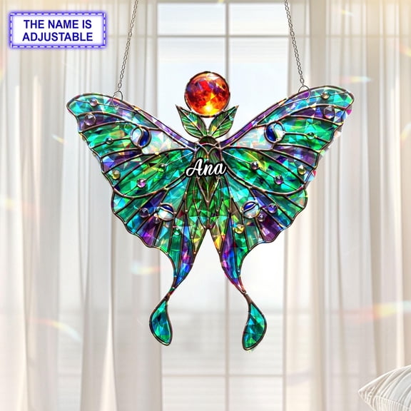 Personalized Moonlit Luna Moth Acrylic Suncatcher, Custom Name Holographic Window Hanging Decor, Fantasy and Celestial Decor
