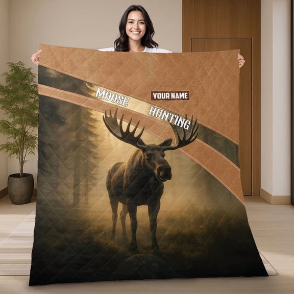 Personalized Moose Hunting Quilt Blanket, Custom Name Hunting Theme Quilt, Rustic Wildlife Quilt Blanket